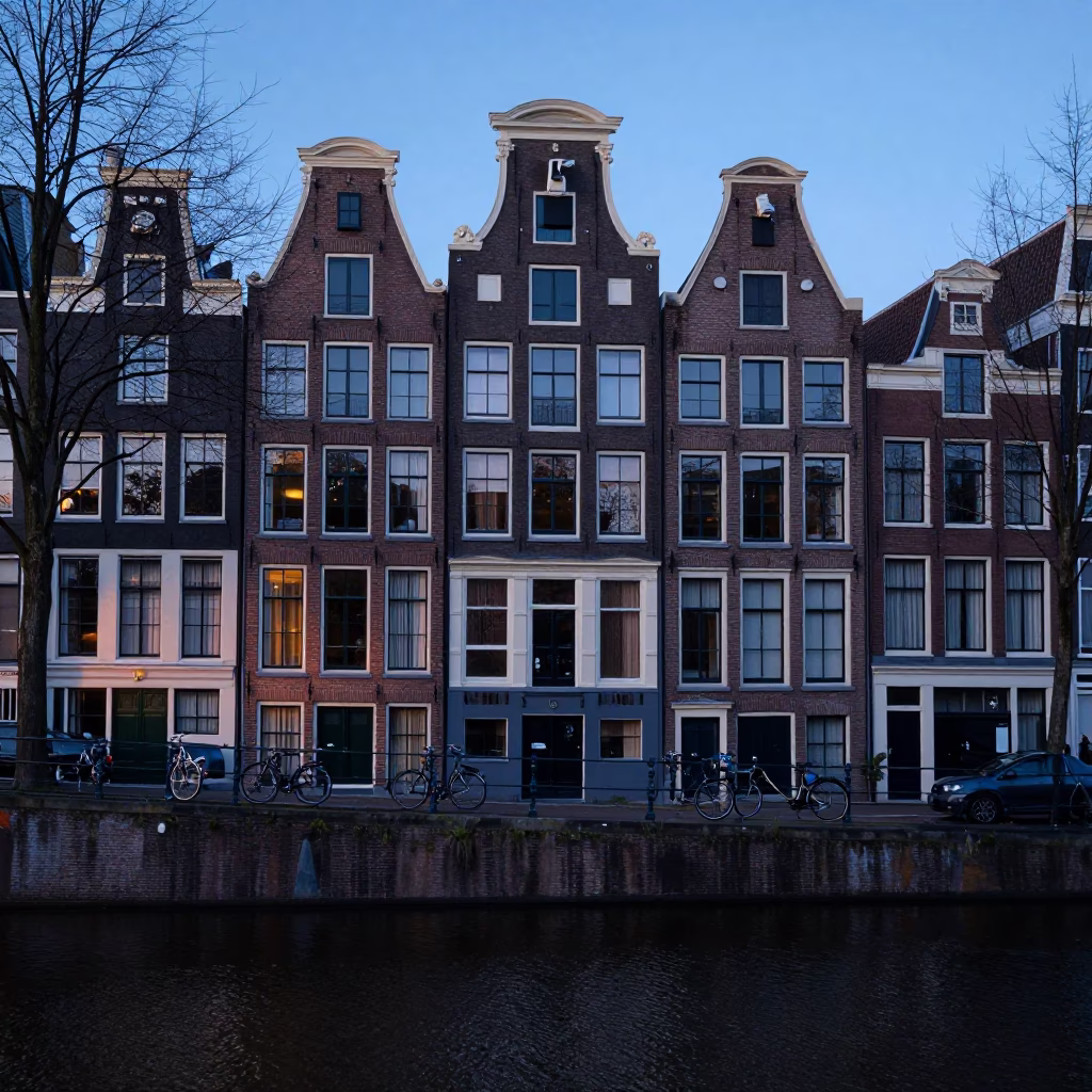Amsterdam Canal House Facade at Dawn with Bicycle and Brickwork Details in in Amsterdam, Netherlands