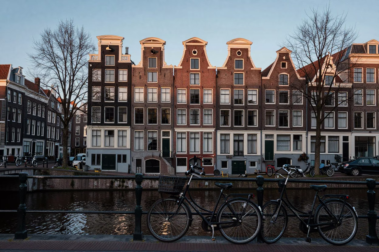 Amsterdam Canal House Facade at Dawn with Bicycle and Cobblestone Street in in Amsterdam, Netherlands