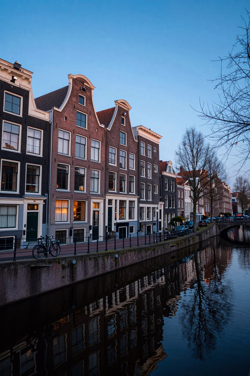 Amsterdam Canal House Facade at Dawn with Bicycle and Doorframe in in Amsterdam, Netherlands