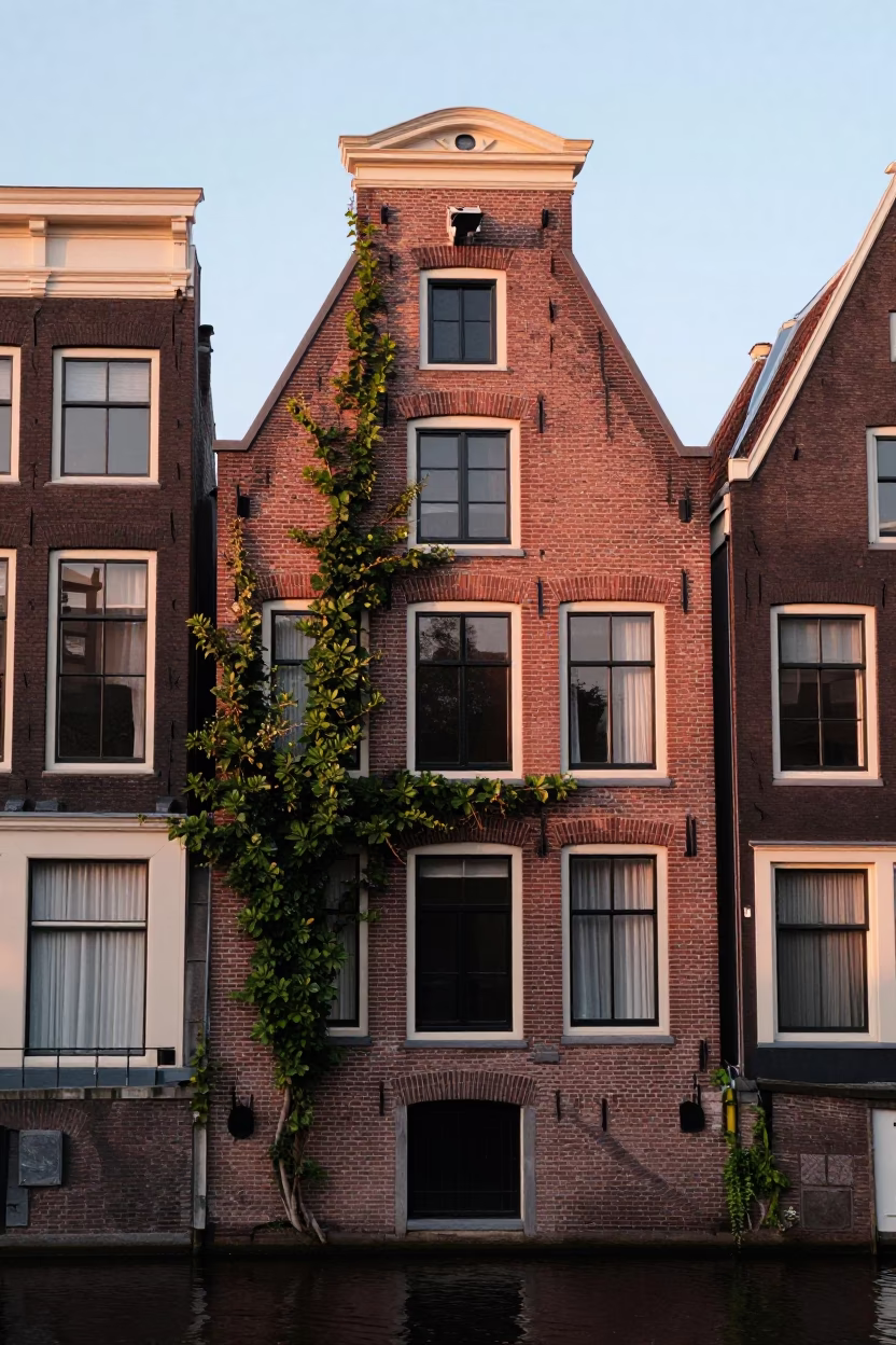 Amsterdam Canal House Facade at Dawn with Ivy Vines and Brickwork in in Amsterdam, Netherlands