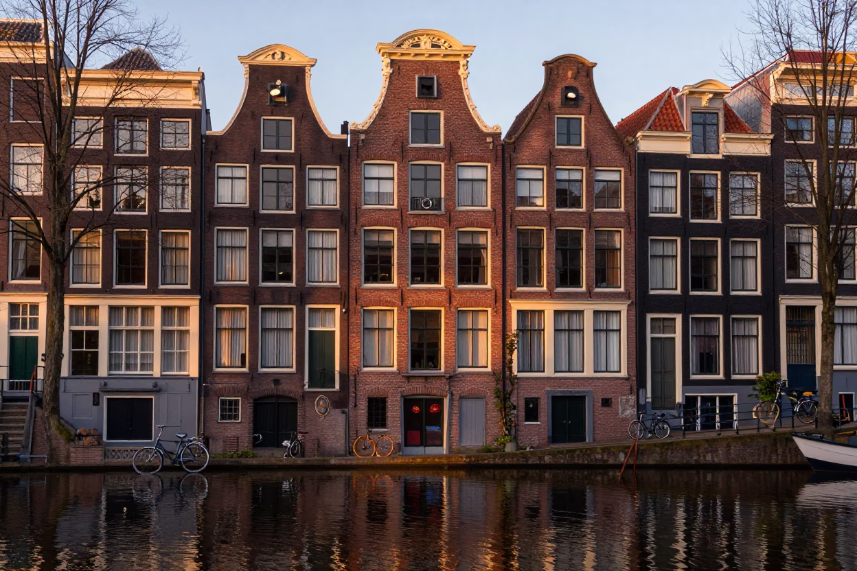 Amsterdam Canal House Facade at Dawn with Vintage Bicycle and Cobblestone Street in in Amsterdam, Netherlands