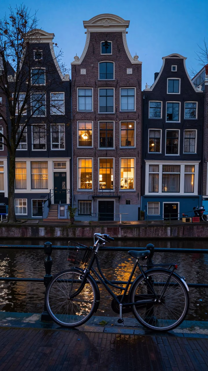 Amsterdam Canal House Facade at Dawn with Vintage Bicycle and Wet Cobblestones in in Amsterdam, Netherlands