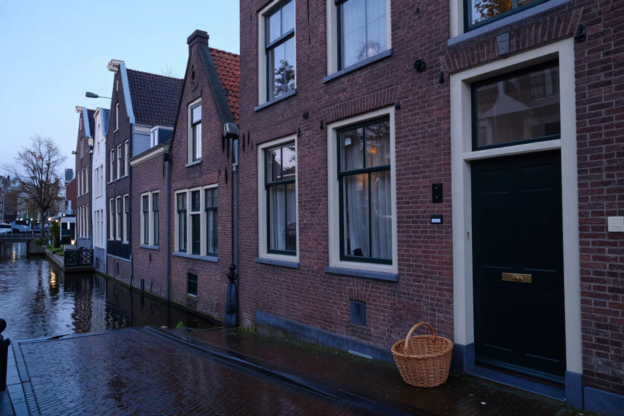 Amsterdam Canal House Facade at Dawn with Wicker Basket and Glass Tumblers in in Amsterdam, Netherlands