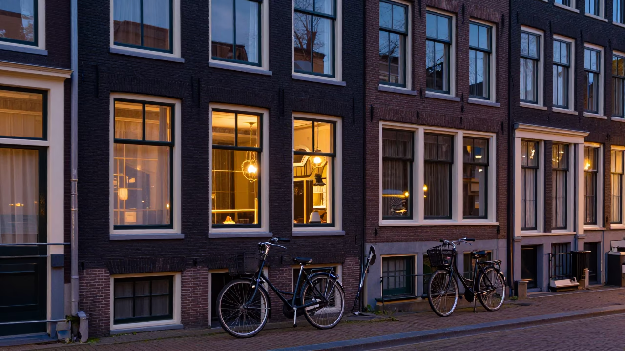Amsterdam Canal House Facade at Dusk with Bicycle and Street Lamp in in Amsterdam, Netherlands