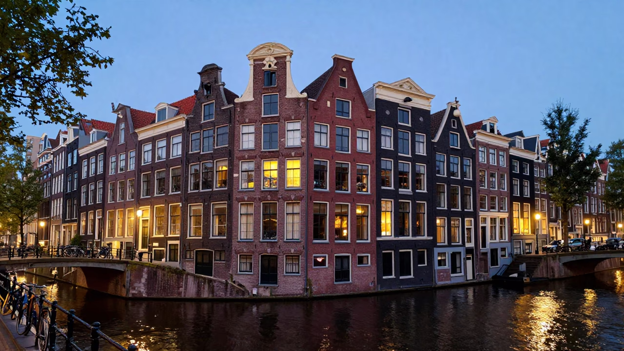 Amsterdam Canal House Facade at Dusk with Bicycle and Warm Window Light in in Amsterdam, Netherlands