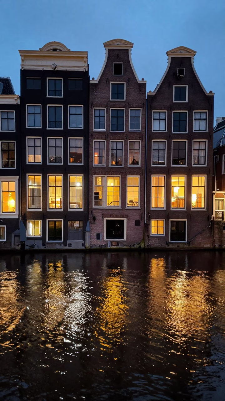 Amsterdam Canal House Facade at Dusk with Grease Sheen on Window Glass in in Amsterdam, Netherlands