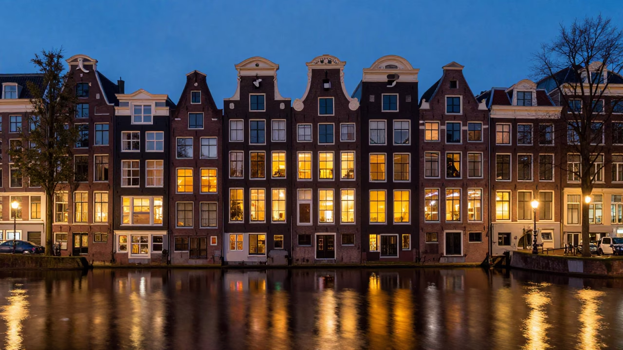 Amsterdam Canal House Facade at Dusk with Reflections and Wet Cobblestones in in Amsterdam, Netherlands