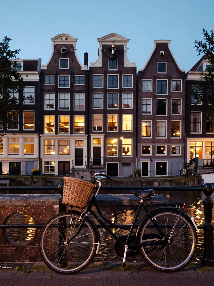 Amsterdam Canal House Facade at Dusk with Vintage Bicycle and Cobblestone Street in in Amsterdam, Netherlands