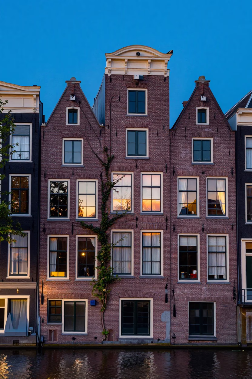 Amsterdam Canal House Facade at Early Evening with Vine and Chestnut Tree in in Amsterdam, Netherlands