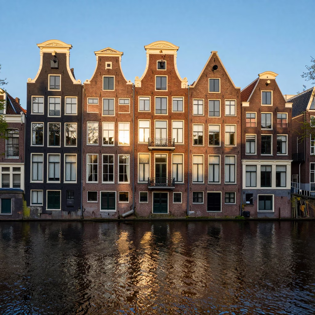 Amsterdam Canal House Facade at First Light with Striped Towel and Peony Bush Blooms in in Amsterdam, Netherlands