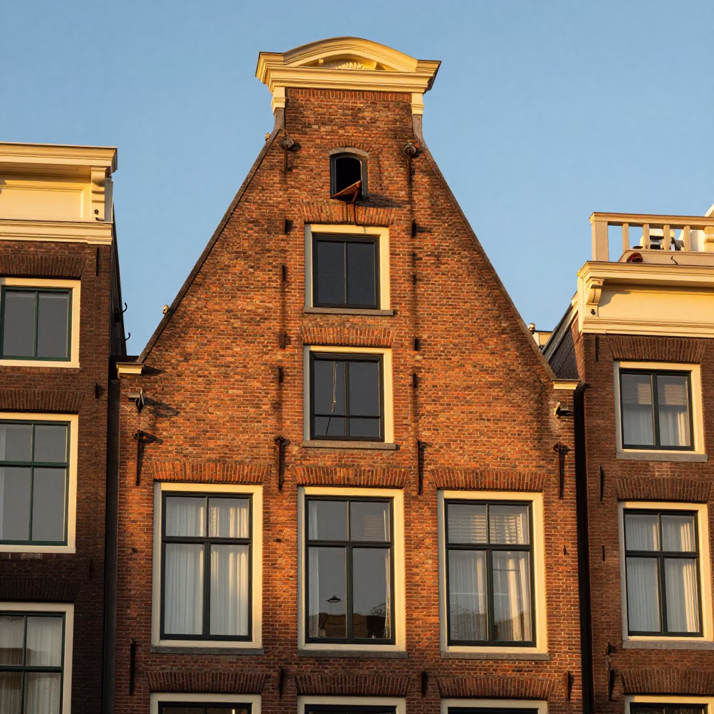 Amsterdam Canal House Facade at Golden Hour with Rusty Coat Hook Detail in in Amsterdam, Netherlands