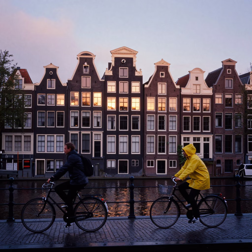 Amsterdam Canal House Facade at Nautical Dawn with Cyclists and Blue Hydrangeas in in Amsterdam, Netherlands