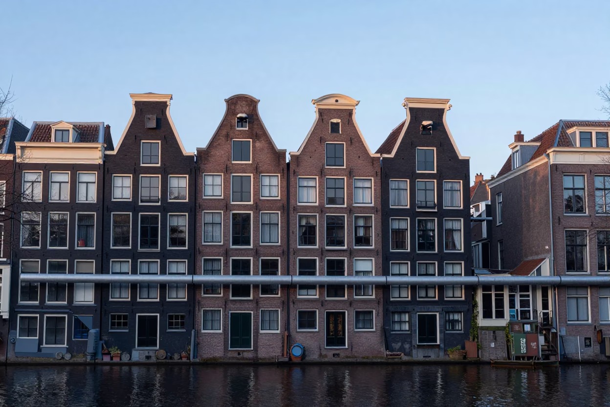 Amsterdam Canal House Facade at Nautical Dawn with District Heating Pipes and Bicycle in in Amsterdam, Netherlands