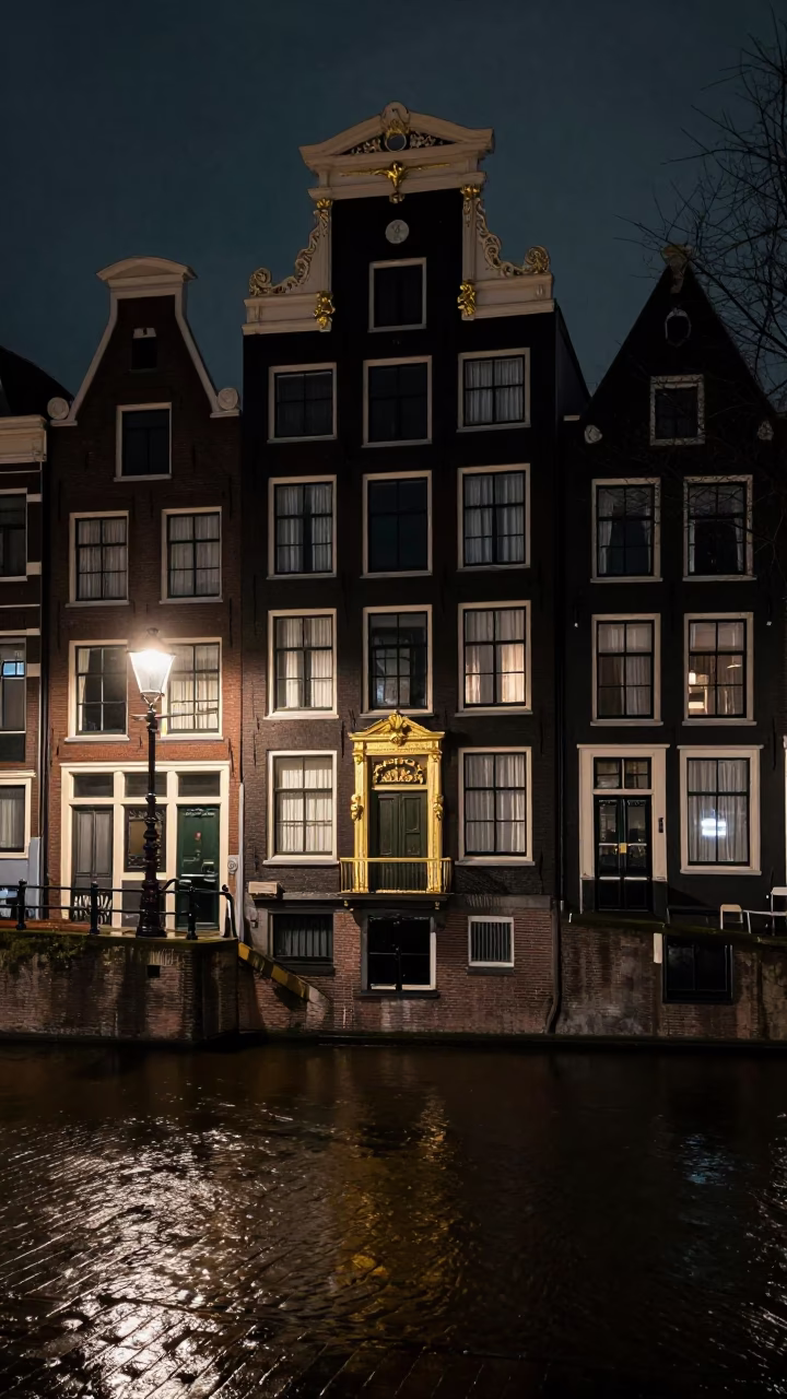 Amsterdam canal house facade at night with brass details and street reflection in in Amsterdam, Netherlands