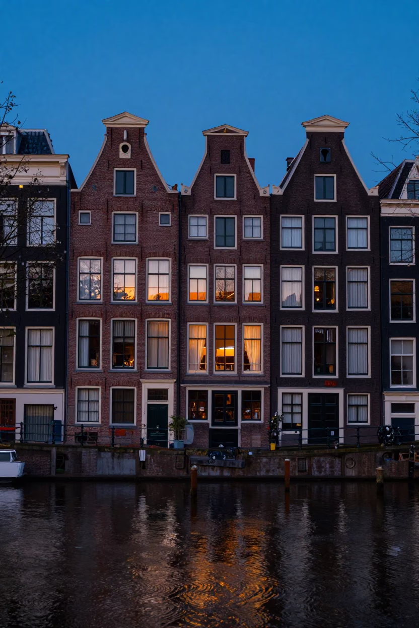 Amsterdam Canal House Facade at Pre-Dawn with Rusty Sill and String Lights in in Amsterdam, Netherlands