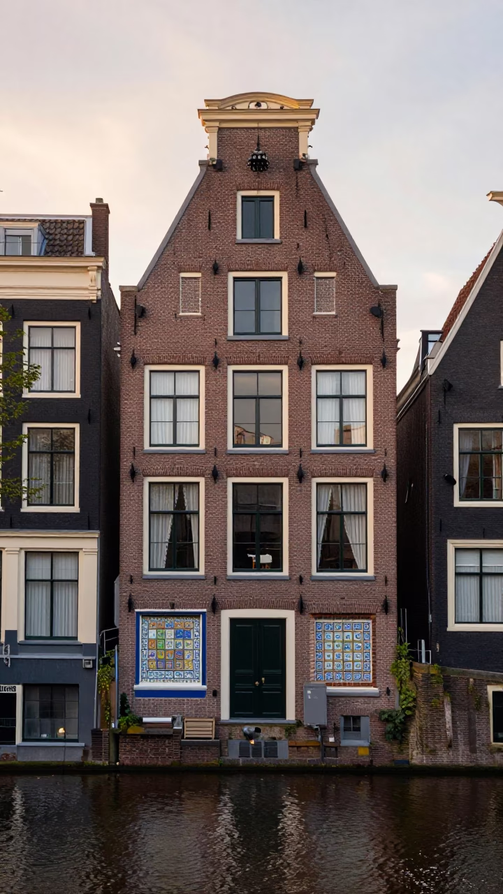 Amsterdam Canal House Facade at Sunrise with Vintage Majolica Plate Detail in in Amsterdam, Netherlands