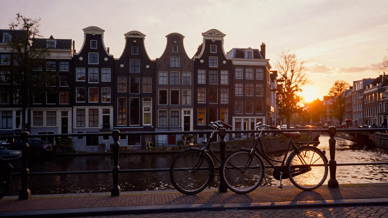 Amsterdam Canal House Facade at Sunset with Bicycle and Brickwork in in Amsterdam, Netherlands