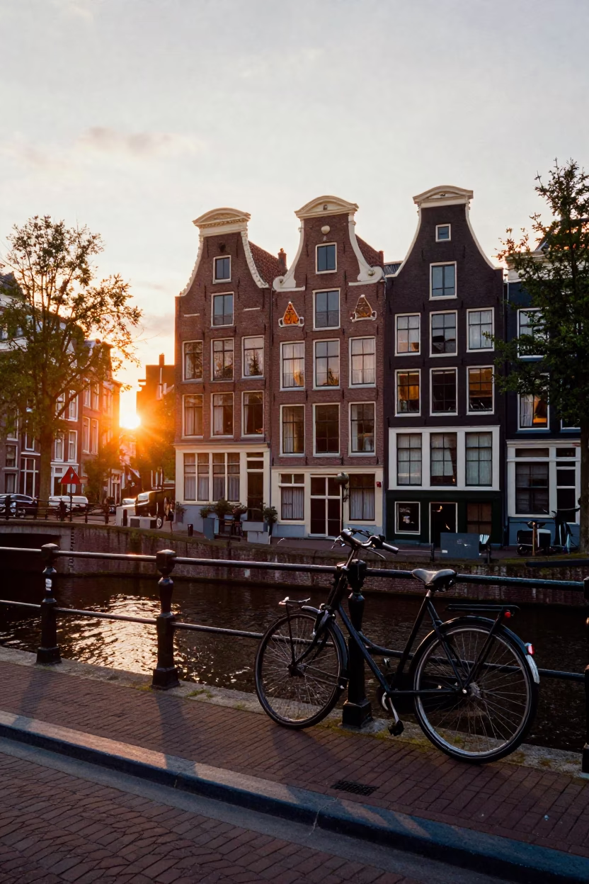Amsterdam Canal House Facade at Sunset with Bicycle and Ceramic Pitcher in in Amsterdam, Netherlands