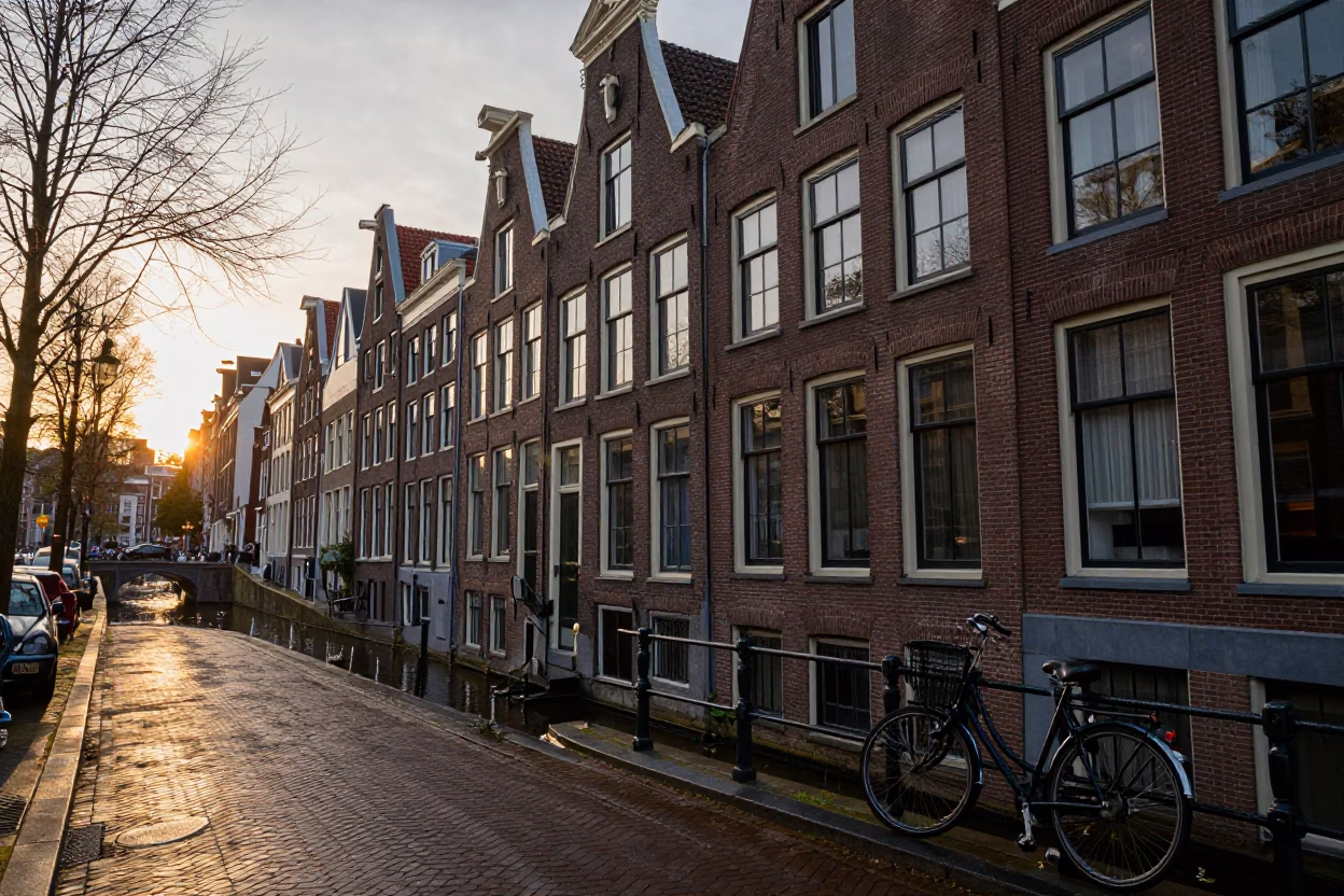 Amsterdam Canal House Facade at Sunset with Bicycle and Cobblestone Street in in Amsterdam, Netherlands