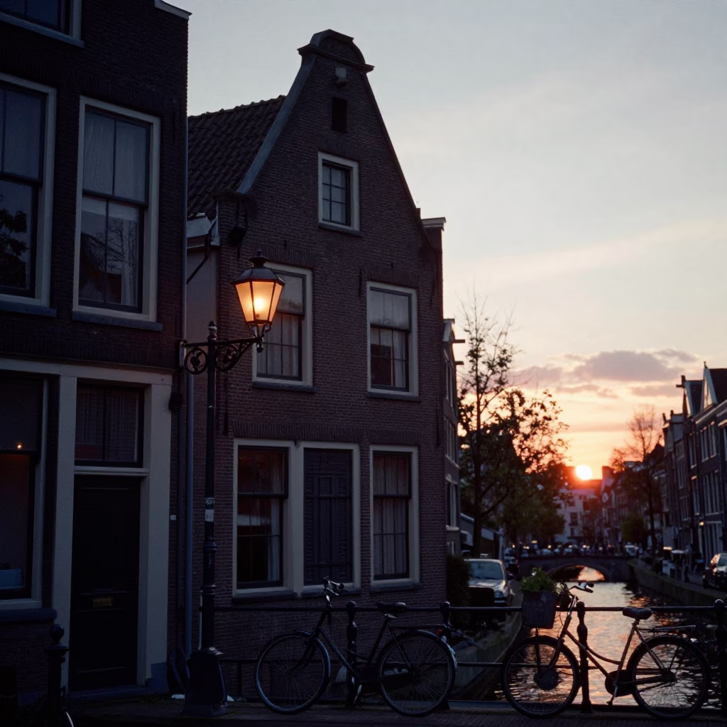 Amsterdam Canal House Facade at Sunset with Bicycle and Lantern in in Amsterdam, Netherlands