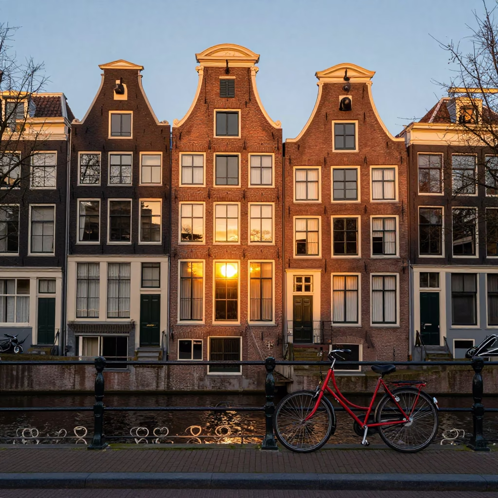 Amsterdam Canal House Facade at Sunset with Bicycle and Shop Sign in in Amsterdam, Netherlands
