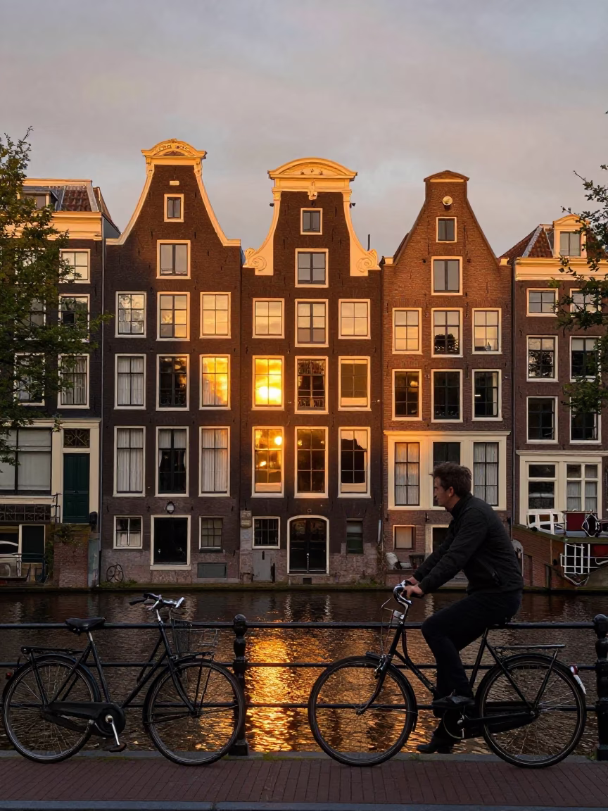 Amsterdam Canal House Facade at Sunset with Bicycle and Spatula Detail in in Amsterdam, Netherlands