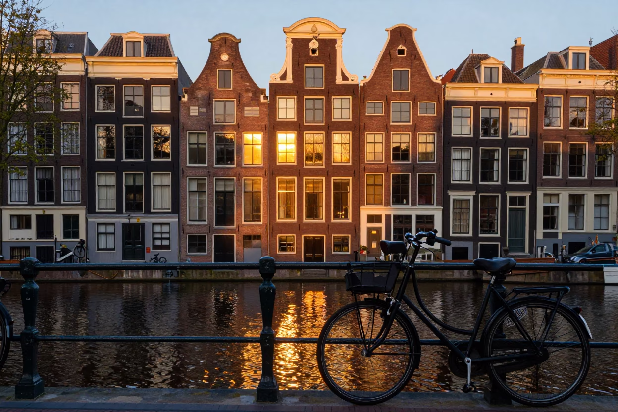 Amsterdam Canal House Facade at Sunset with Bicycle and Wicker Basket in in Amsterdam, Netherlands