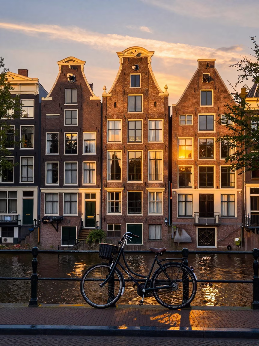 Amsterdam Canal House Facade at Sunset with Bicycle and Window Latch Detail in in Amsterdam, Netherlands