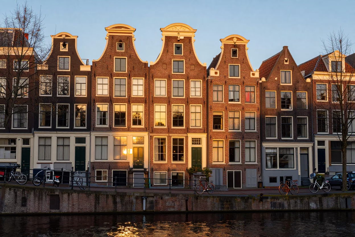 Amsterdam Canal House Facade at Sunset with Bicycle and Wooden Sailboat Model in in Amsterdam, Netherlands