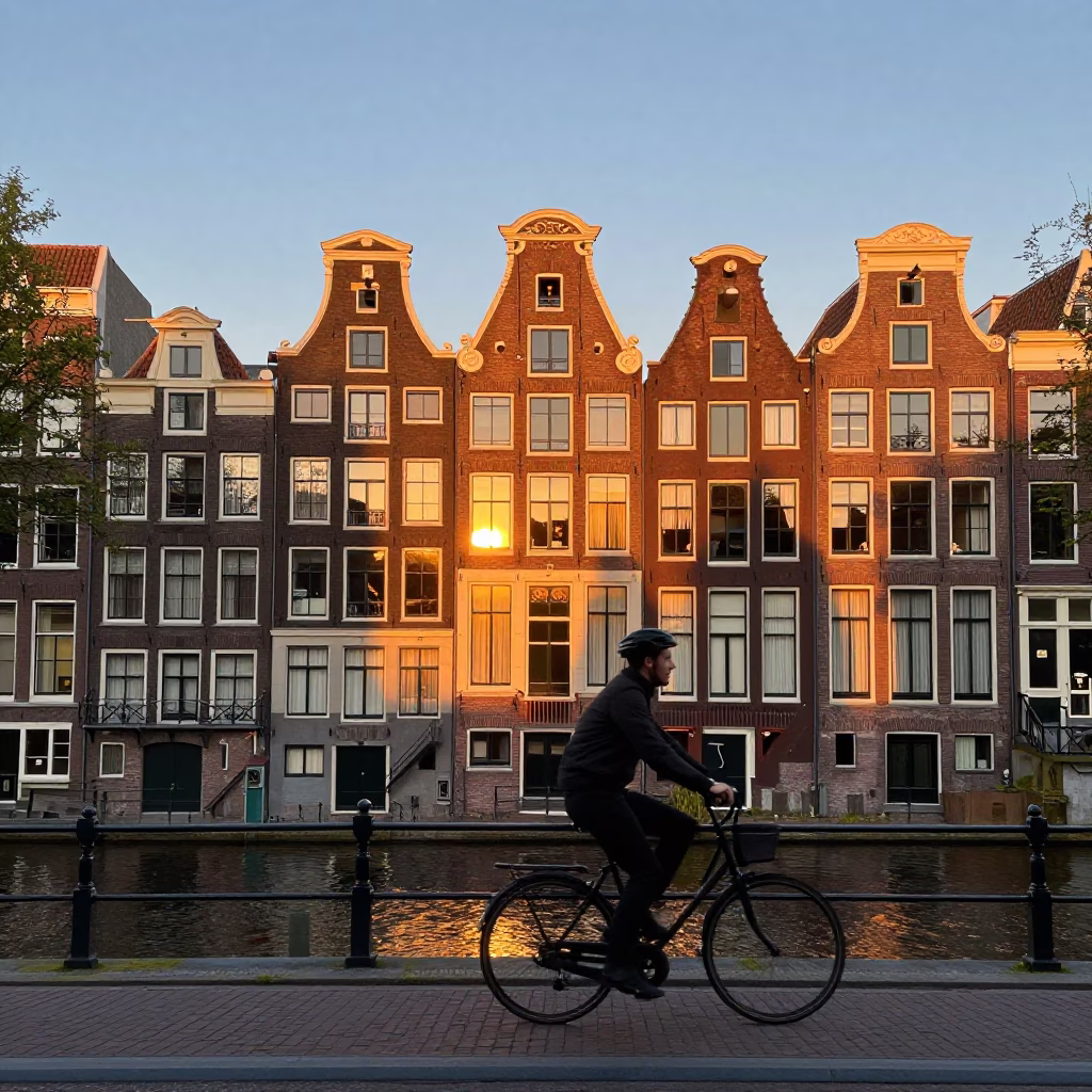 Amsterdam Canal House Facade at Sunset with Cyclist Passing in in Amsterdam, Netherlands
