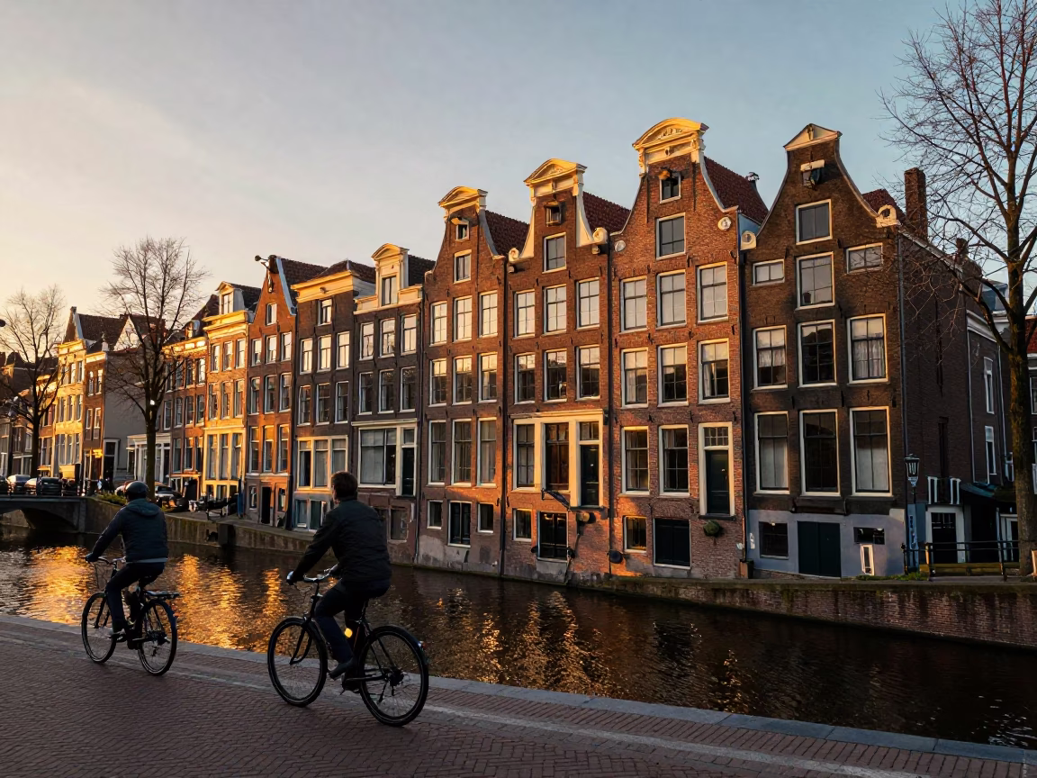 Amsterdam Canal House Facade at Sunset with Cyclists and Water Reflections in in Amsterdam, Netherlands