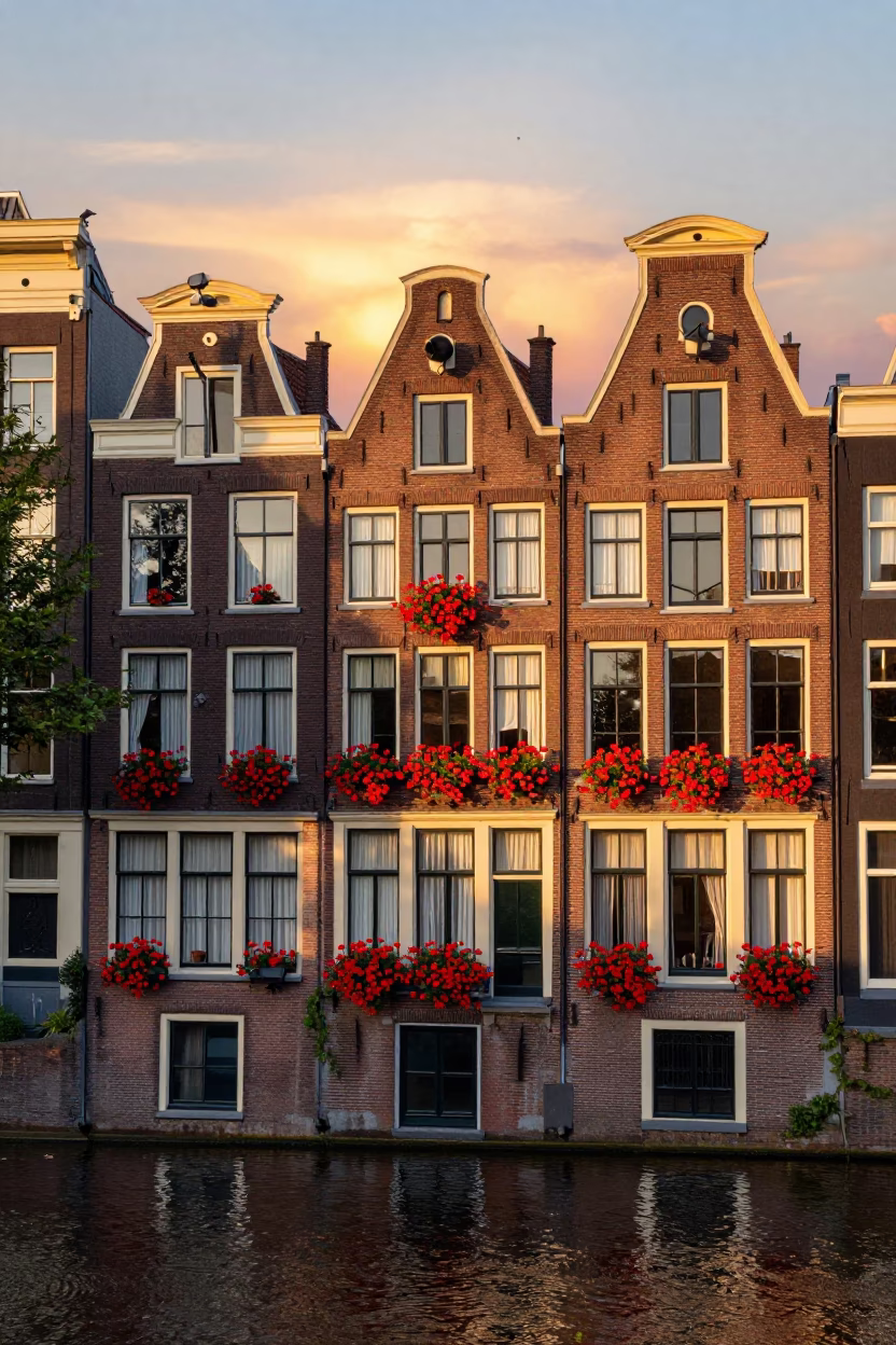 Amsterdam canal house facade at sunset with geraniums and bicycle in in Amsterdam, Netherlands