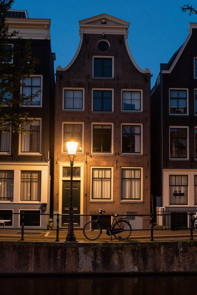 Amsterdam Canal House Facade at Twilight with Bicycle and Brickwork Details in in Amsterdam, Netherlands