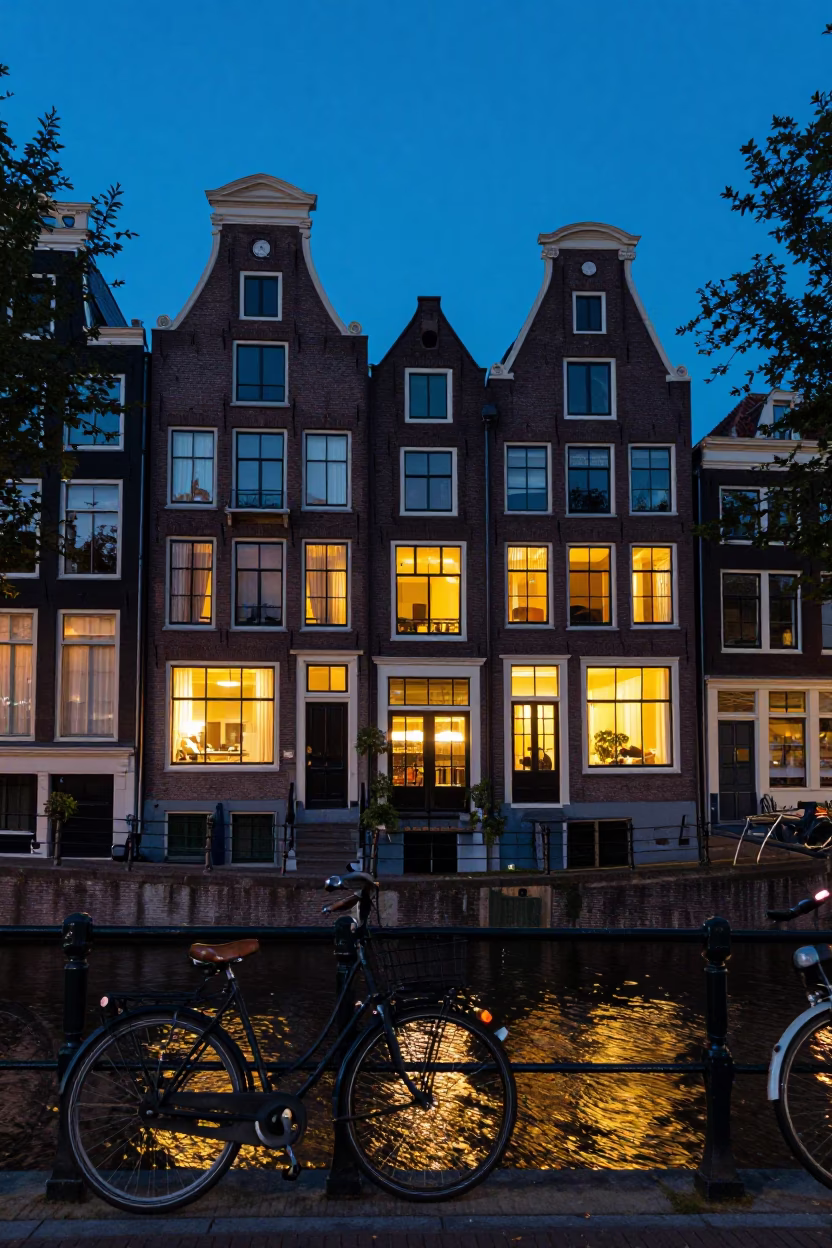 Amsterdam Canal House Facade at Twilight with Bicycle and Thermos on Brick Wall in in Amsterdam, Netherlands