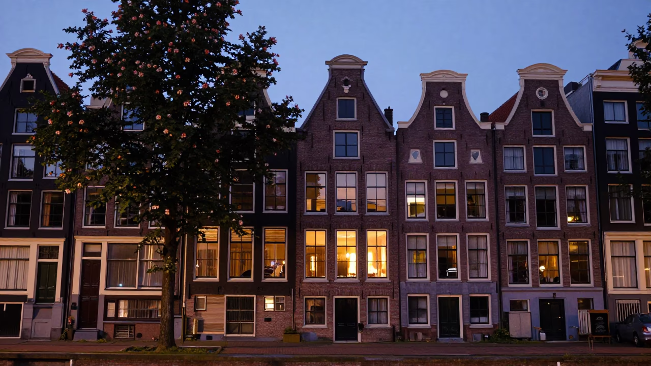Amsterdam Canal House Facade at Twilight with Chestnut Tree and Spiky Husks in in Amsterdam, Netherlands