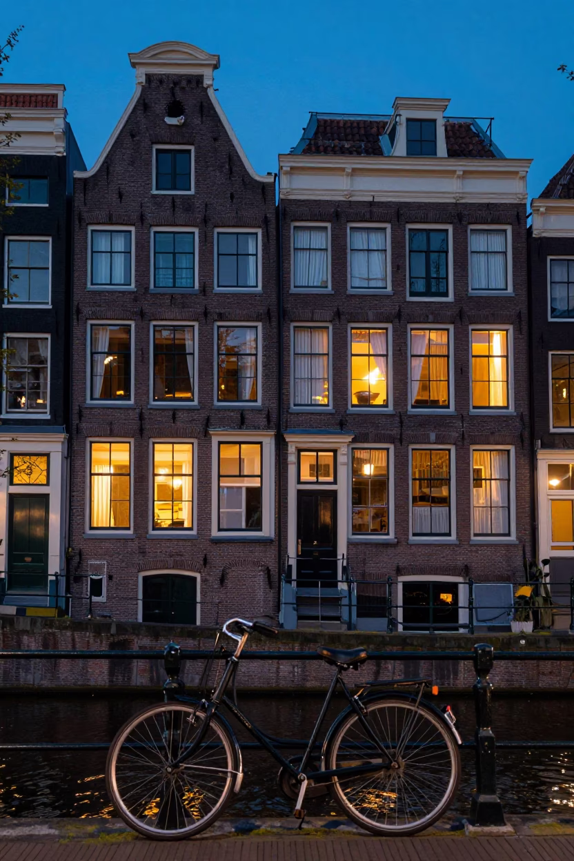 Amsterdam Canal House Facade at Twilight with Vintage Bicycle and Ceramic Cup in in Amsterdam, Netherlands