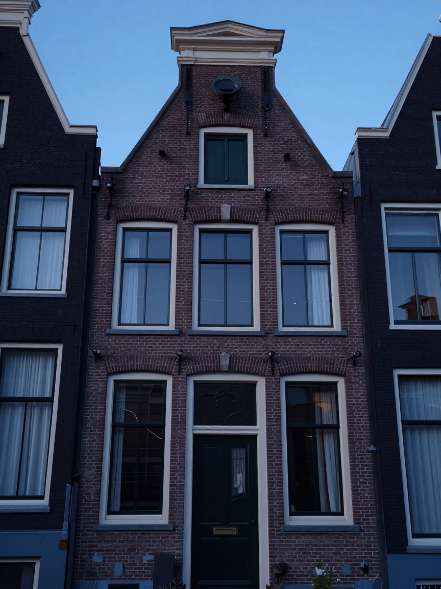 Amsterdam Canal House Facade Before Dawn with Deadbolt Detail and Brickwork in in Amsterdam, Netherlands