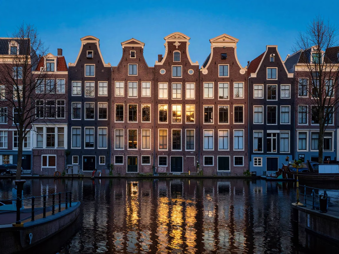 Amsterdam Canal House Facade Before Dawn with Reflections in Still Water in in Amsterdam, Netherlands