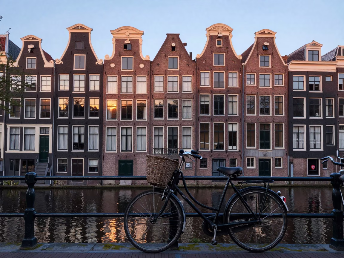 Amsterdam Canal House Facade Before Sunrise with Vintage Bicycle and Cobblestone Street in in Amsterdam, Netherlands