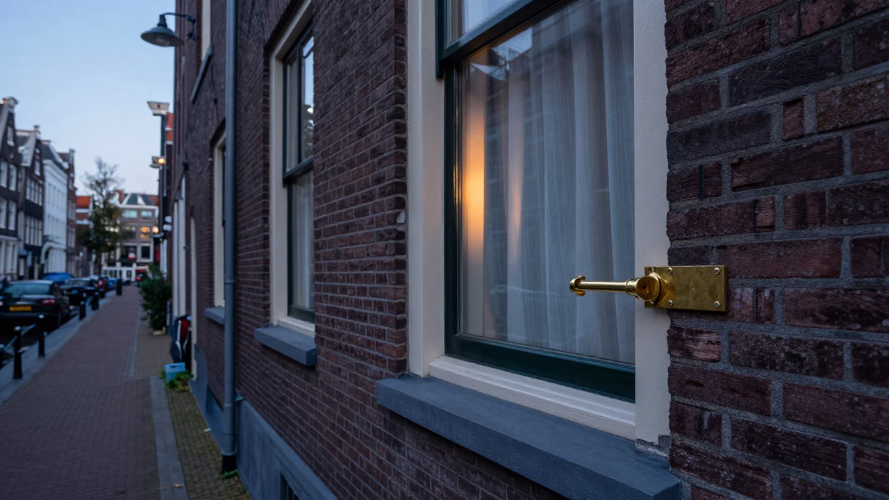 Amsterdam Canal House Facade Detail with Window Latch and Early Morning Light in in Amsterdam, Netherlands