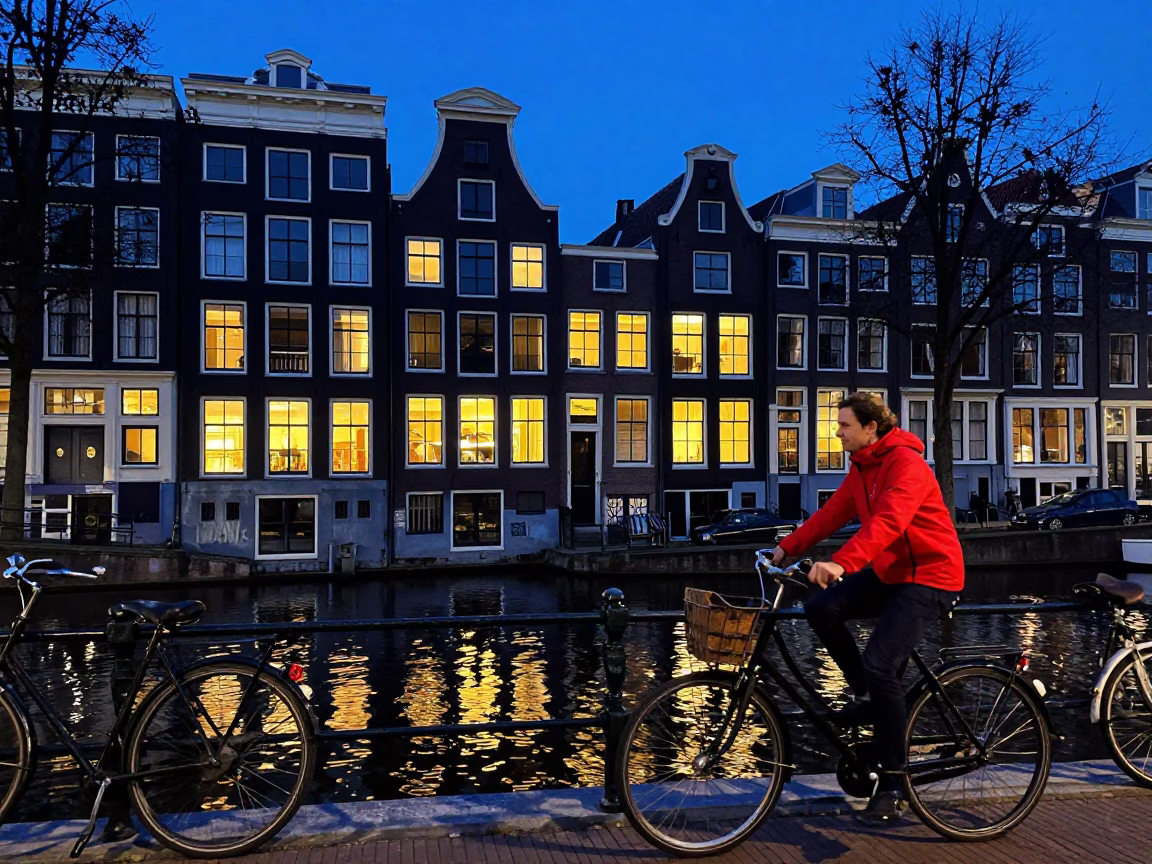 Amsterdam canal house facade evening blue hour with bicycle and historic architecture in in Amsterdam, Netherlands