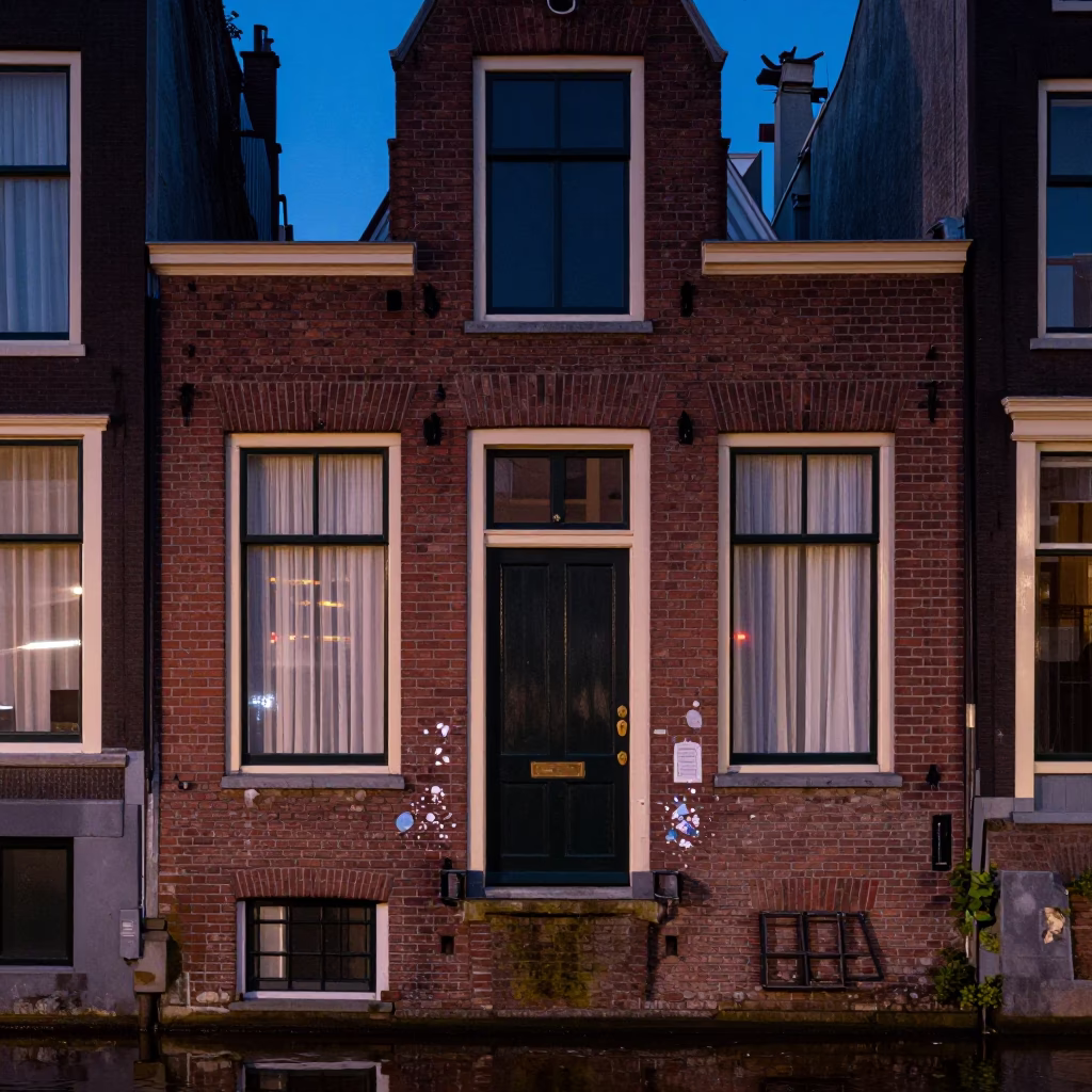 Amsterdam canal house facade evening with paint flecks and flowerpot in in Amsterdam, Netherlands