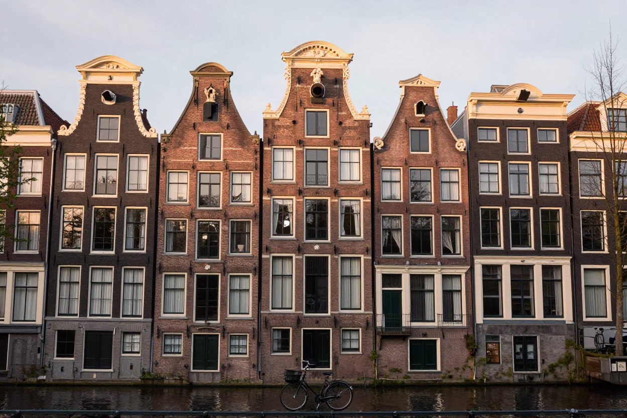 Amsterdam Canal House Facade First Light Morning Commute Bicycle in in Amsterdam, Netherlands