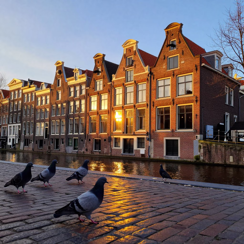 Amsterdam Canal House Facade Golden Hour with Pigeons and Brickwork in in Amsterdam, Netherlands
