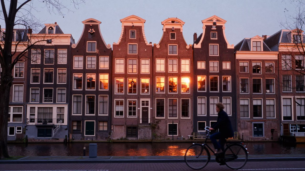 Amsterdam Canal House Facade in Copper Dusk Light with Bicycle and Market Stall in in Amsterdam, Netherlands