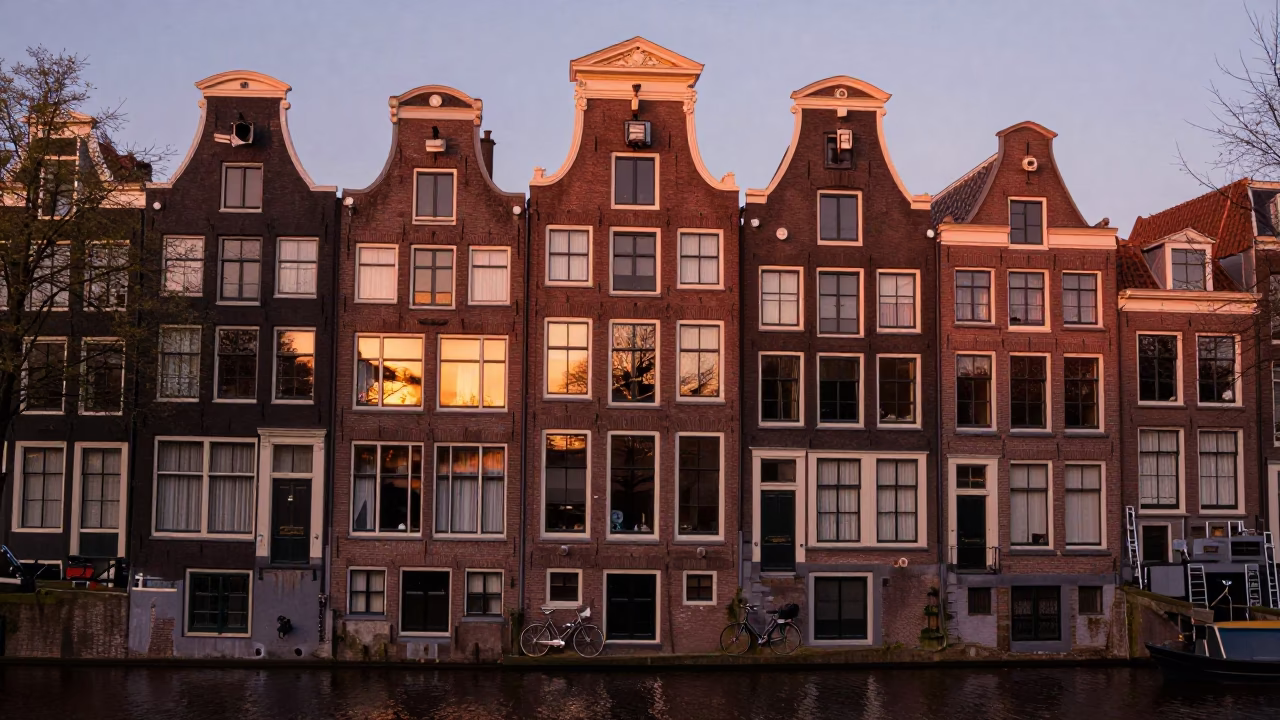 Amsterdam Canal House Facade in Copper Dusk Light with Bicycle and Wicker Shadow in in Amsterdam, Netherlands