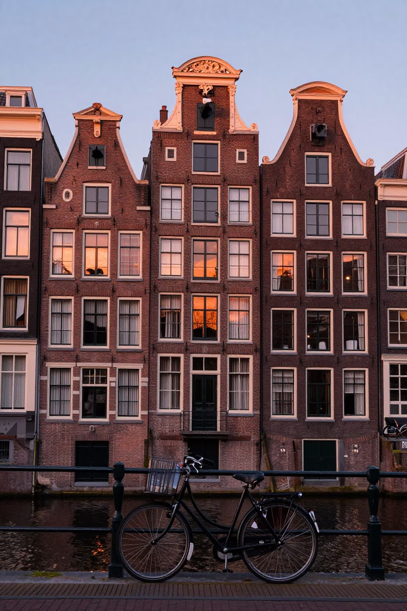 Amsterdam Canal House Facade in Copper Dusk Light with Bicycle and Window Reflections in in Amsterdam, Netherlands