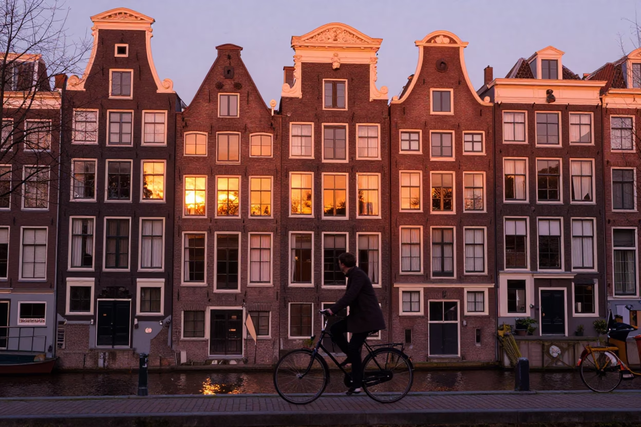 Amsterdam Canal House Facade in Copper Dusk Light with Cyclist and Vintage Bicycle in in Amsterdam, Netherlands