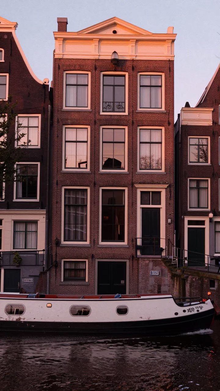 Amsterdam Canal House Facade in Copper Dusk Light with Narrowboat and Blue Porcelain Plate in in Amsterdam, Netherlands