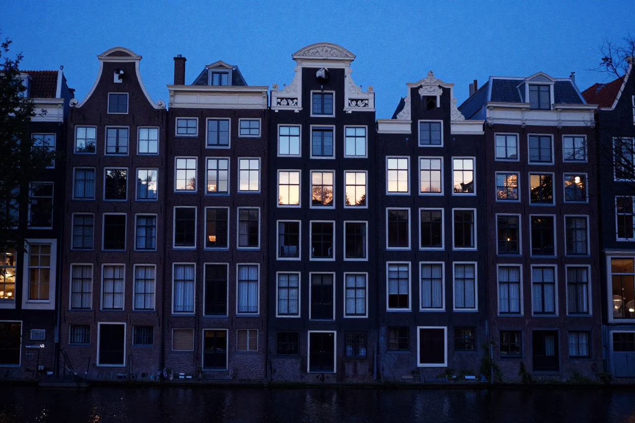 Amsterdam Canal House Facade in Evening Blue Light with Vintage Bicycle and Street Lantern in in Amsterdam, Netherlands